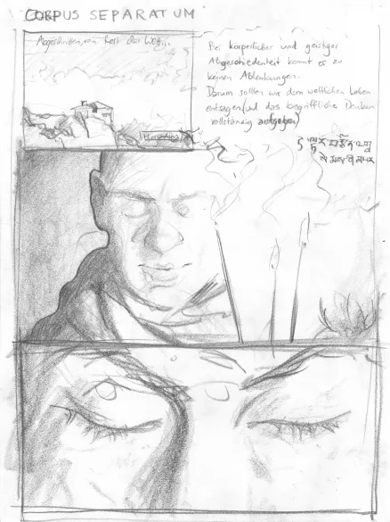 Bleistiftentwurf einer Comicseite aus dem ersten Akt, mit handschriftlichen Notizen am Rand.
