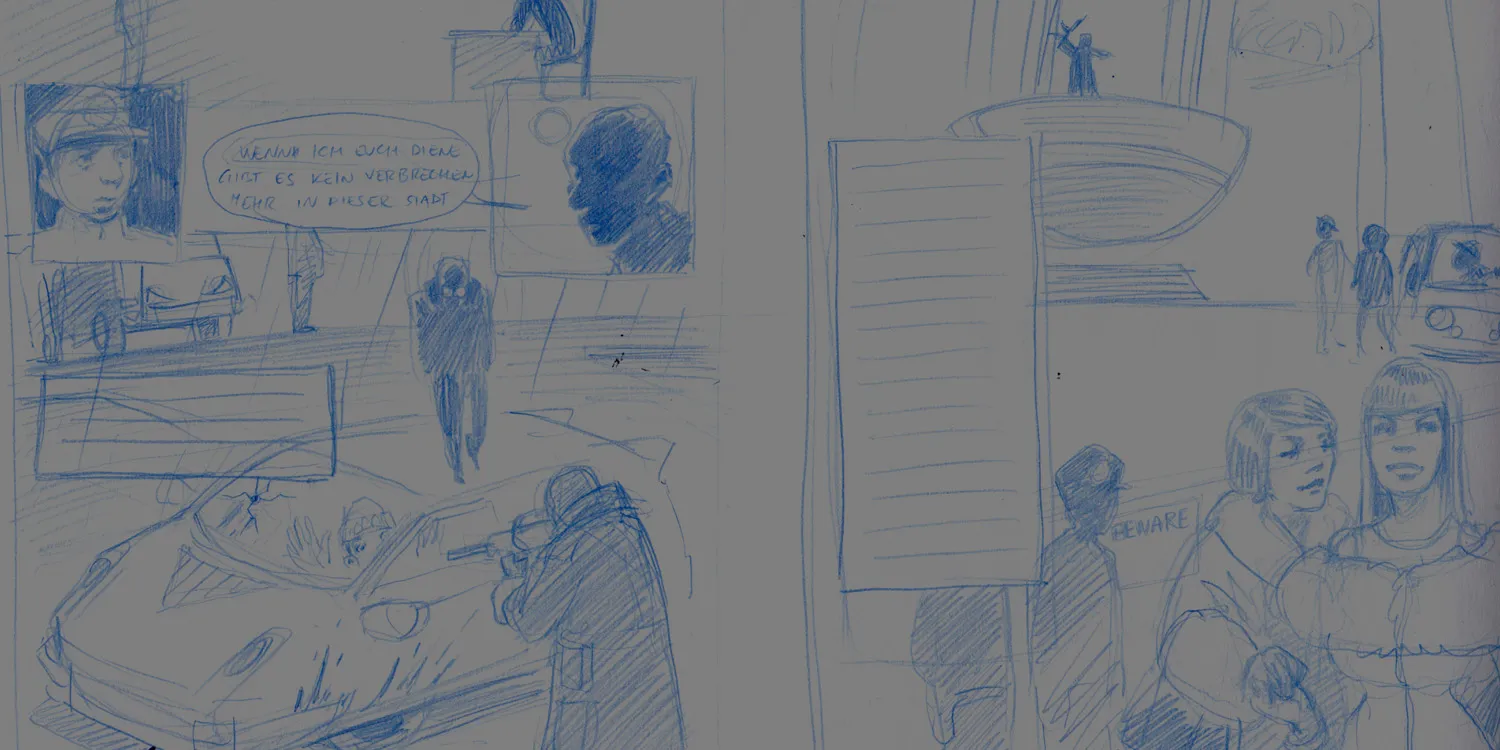 Blau gezeichnete Storyboard-Skizzen zweier Comicseiten mit Straßenszenen und Sprechblasen.
