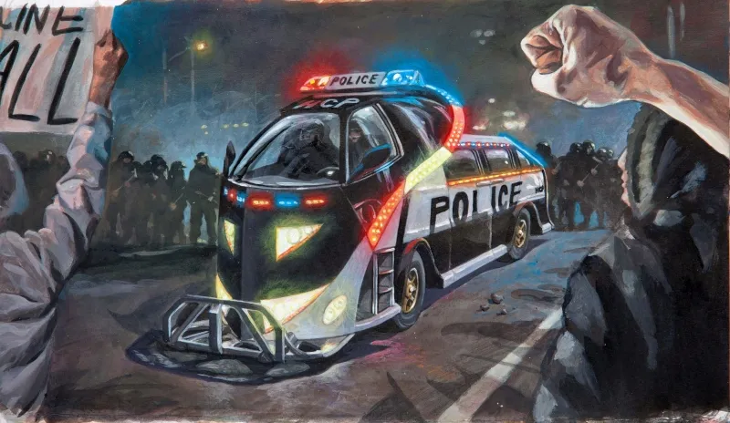 Nachtszene: ein Polizeifahrzeug vor einer Reihe von Einsatzkräften, davor eine erhobene Faust und ein Protestschild.